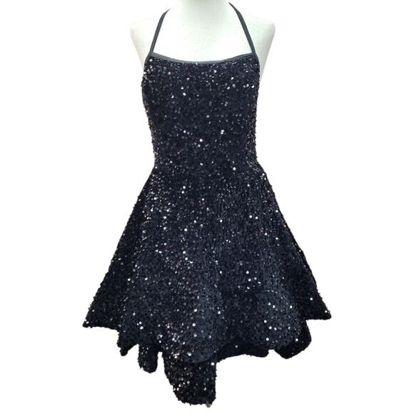 NWT Black Halter Scoop Neck Sequin Short Dress - Picture 1 of 10